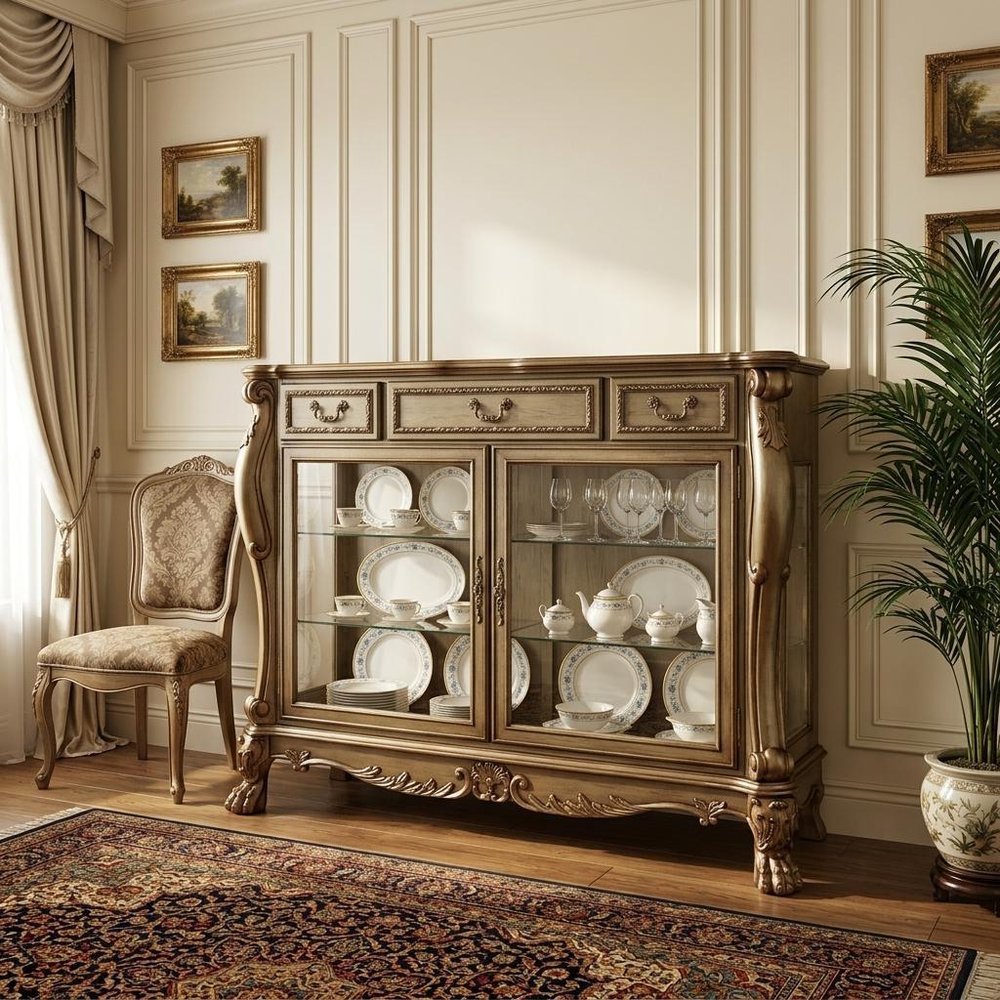 66" Gold Solid Wood Carved Scrollwork Seven Drawer Sideboard with Two Doors