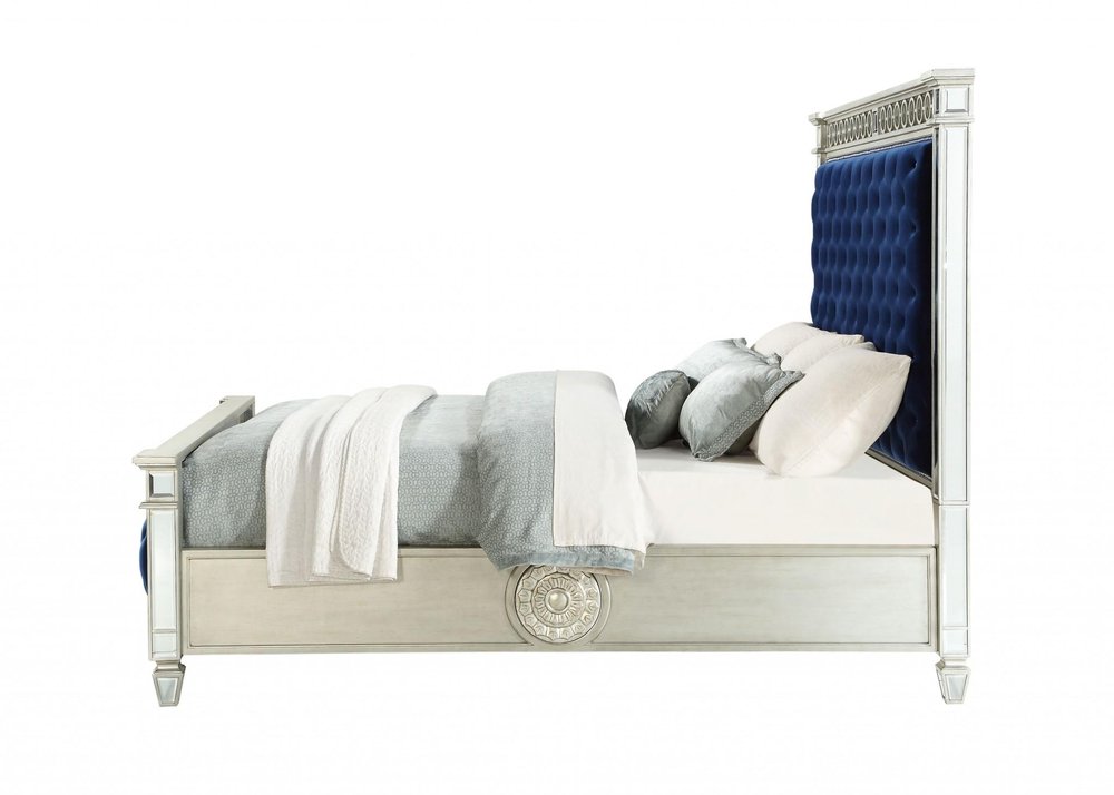 Blue Queen Tufted Upholstered Velvet Bed Frame with Nailhead Trim