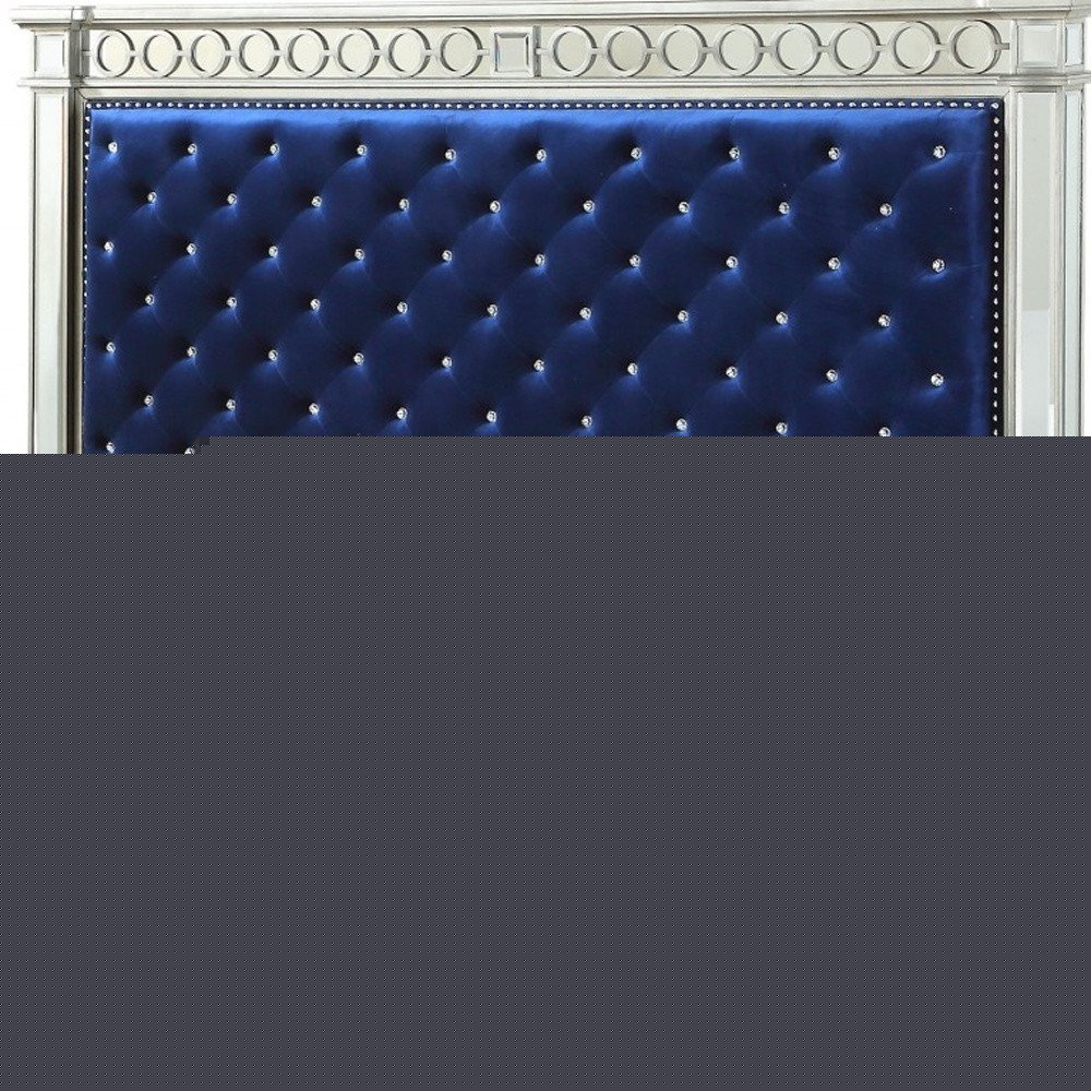 Blue Queen Tufted Upholstered Velvet Bed Frame with Nailhead Trim
