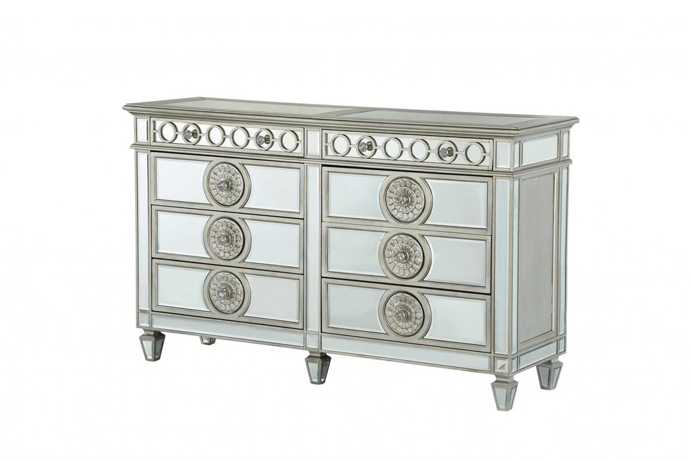 68" Silver Wood Mirrored Eight Drawer Double Dresser