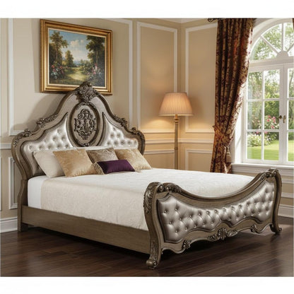 Oak and Bronze Solid Wood King Tufted Upholstered Faux Leather Bed Frame with Nailhead Trim