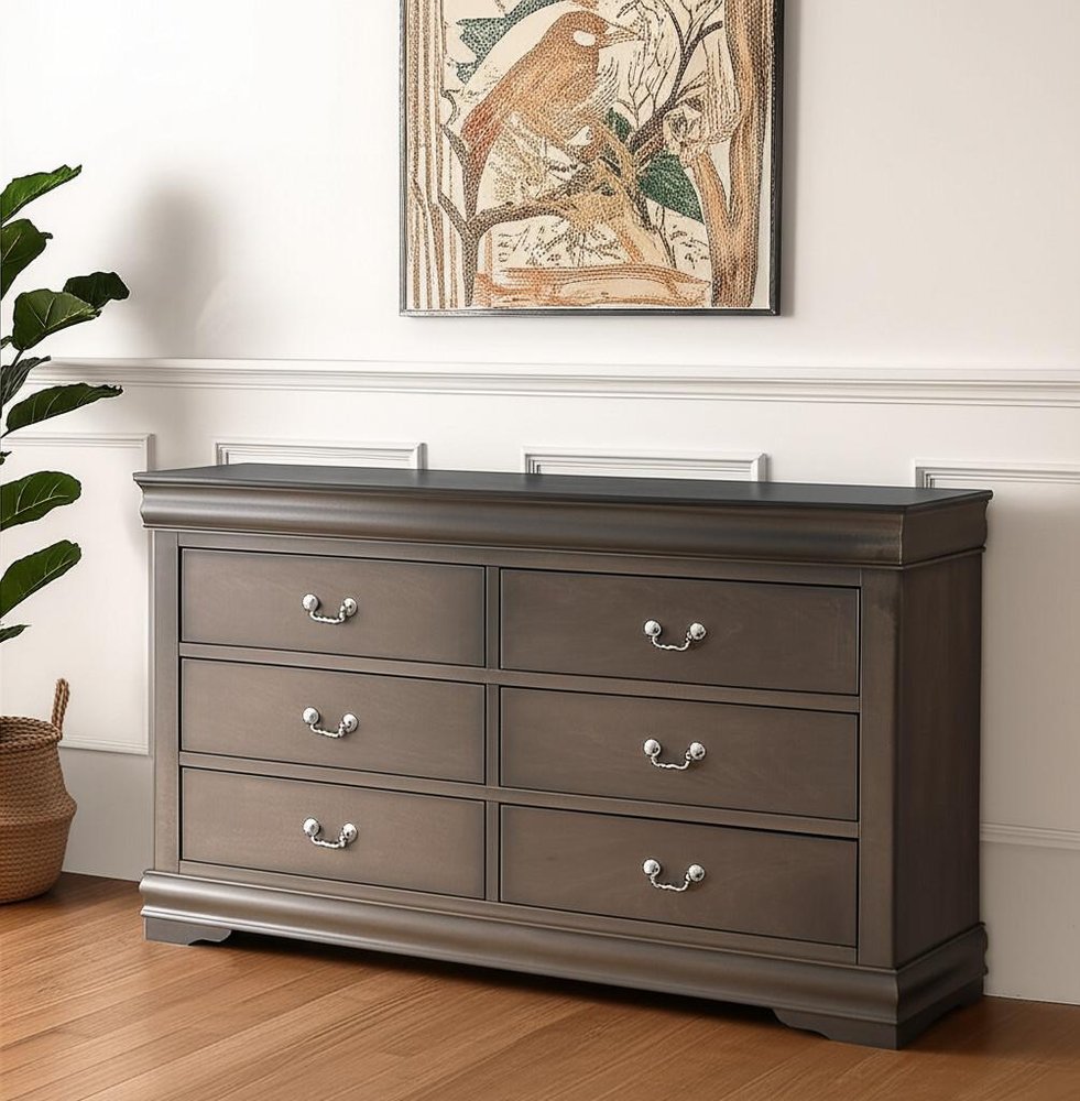 57" Gray Solid Wood Six Drawer Double Dresser