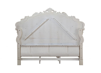 Antiqued White Wood And Tufted Silk Queen Bed Frame With Nailhead Trim