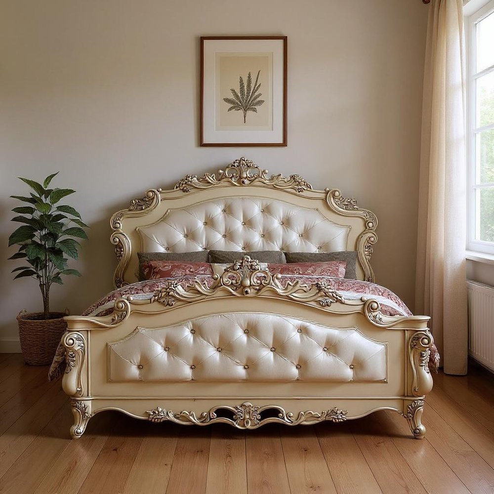 Antiqued White Wood And Tufted Silk Queen Bed Frame With Nailhead Trim
