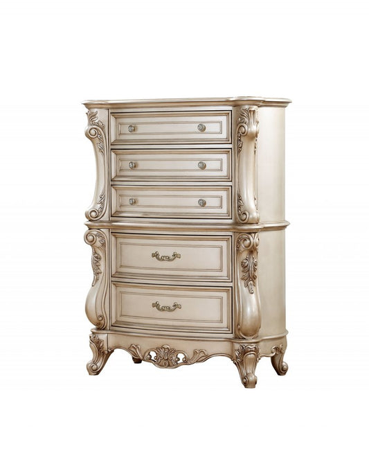21" Antiqued White Wood Five Drawer Dresser