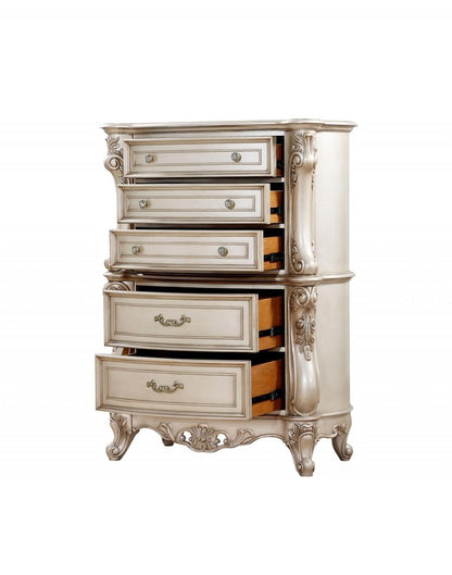 42" Antiqued White Wood Five Drawer Dresser
