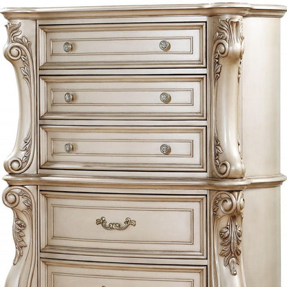 42" Antiqued White Wood Five Drawer Dresser