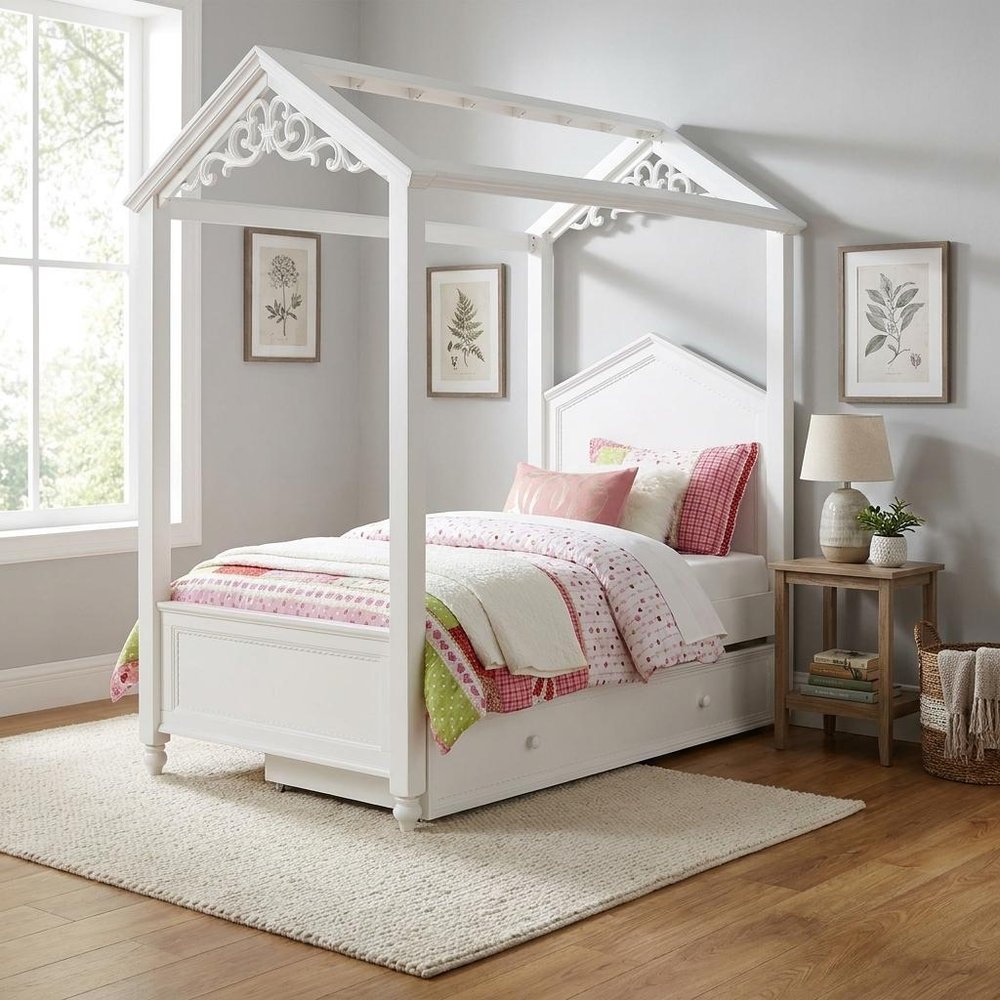 White Wood Twin Canopy Bed