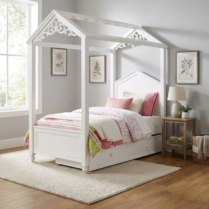 White Wood Twin Canopy Bed
