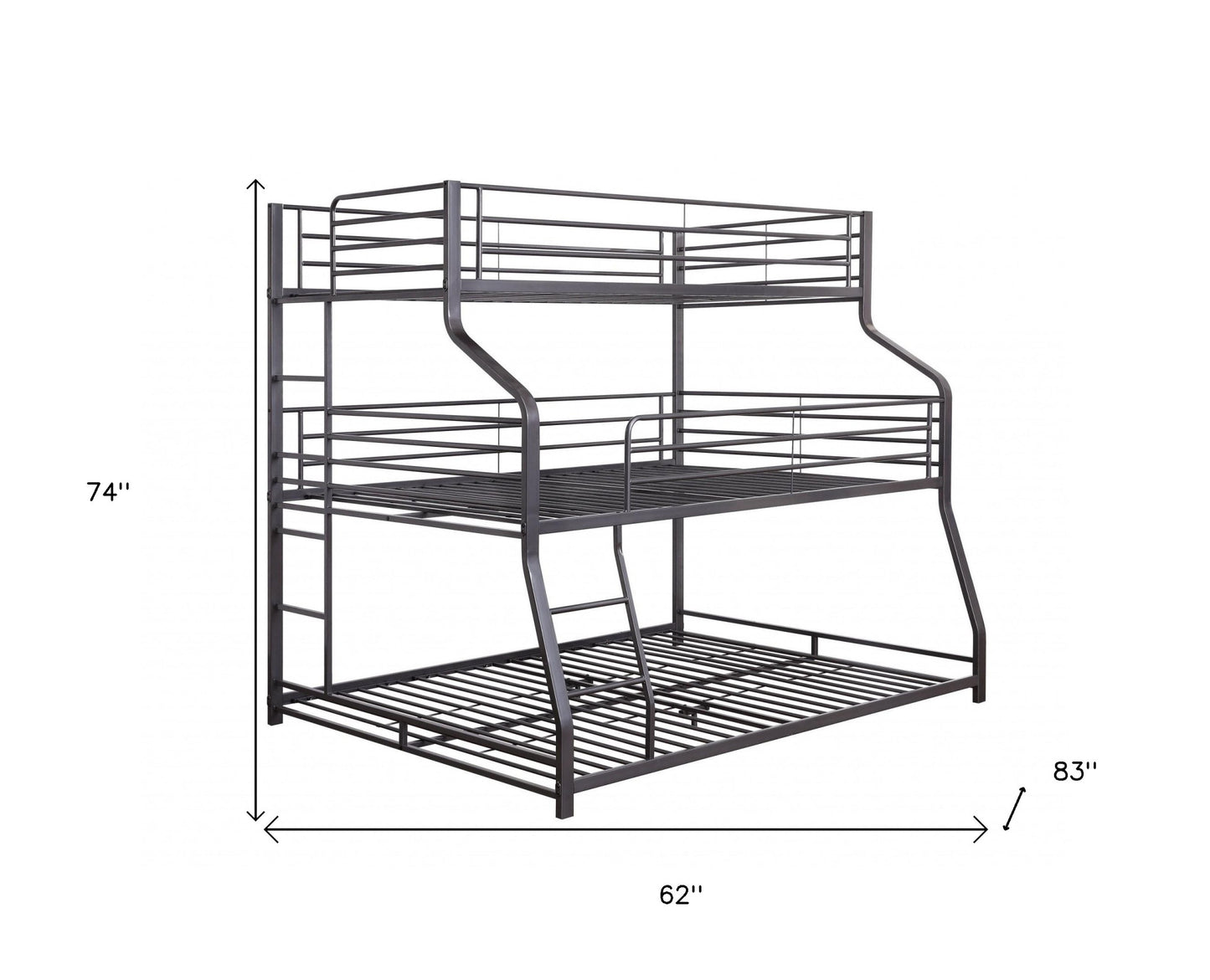 62" X 83" X 74" Gunmetal Metal Triple Bunk Bed  Twinfullqueen