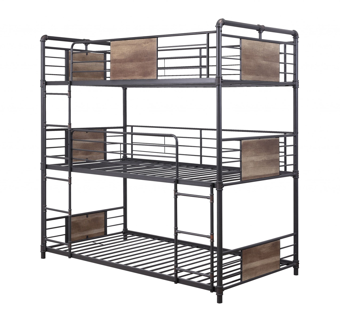 43" X 79" X 79" Sandy Black Dark Bronze Handbrushed Metal Wood Triple Bunk Bed  Twin