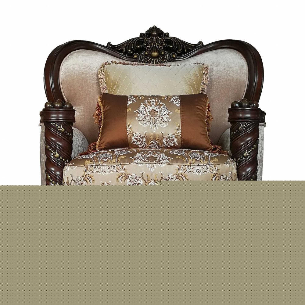 37" Beige and Brown Fabric Floral Club Chair And Toss Pillows