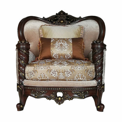 37" Beige and Brown Fabric Floral Club Chair And Toss Pillows