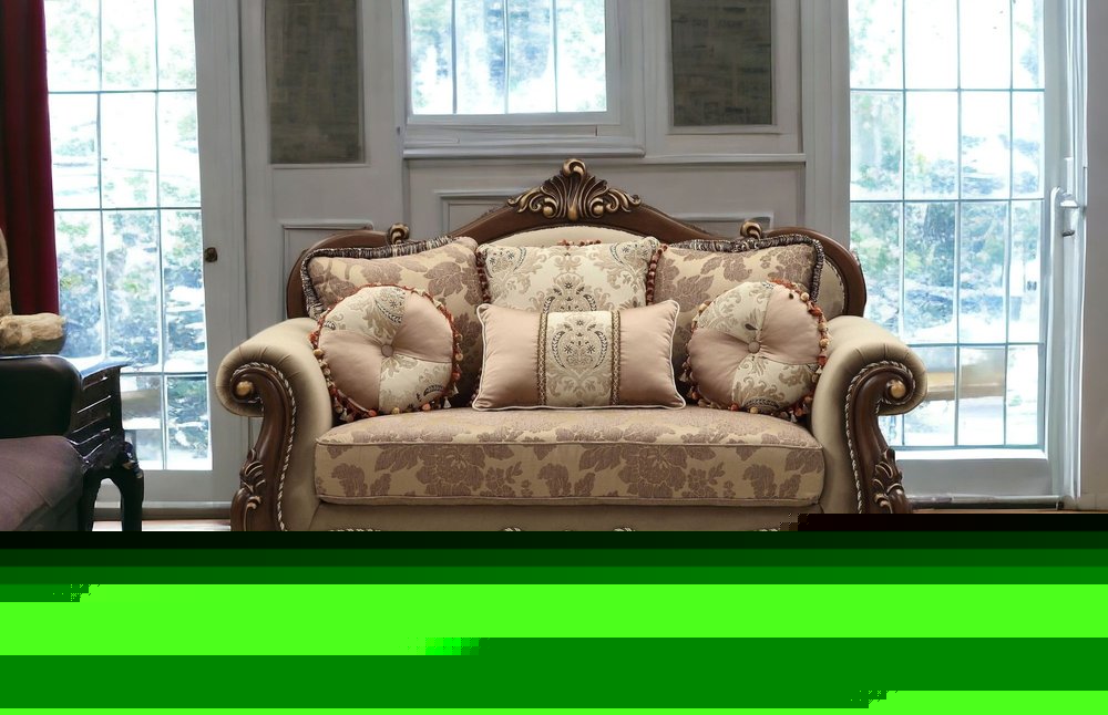 69" Beige and Gold And Brown Velvet Paisley Loveseat and Toss Pillows