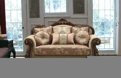 69" Beige and Gold And Brown Velvet Paisley Loveseat and Toss Pillows