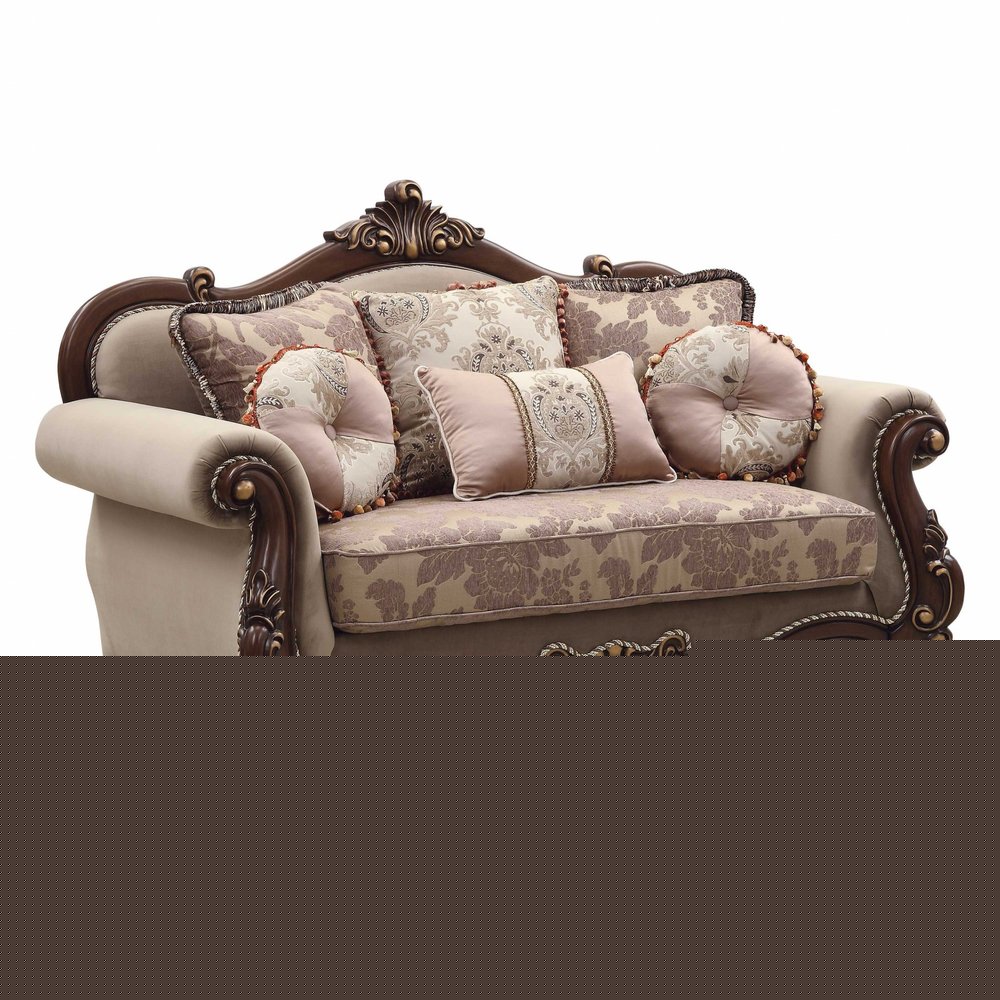 69" Beige and Gold And Brown Velvet Paisley Loveseat and Toss Pillows