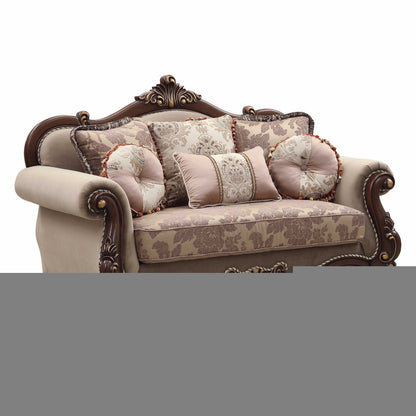 69" Beige and Gold And Brown Velvet Paisley Loveseat and Toss Pillows