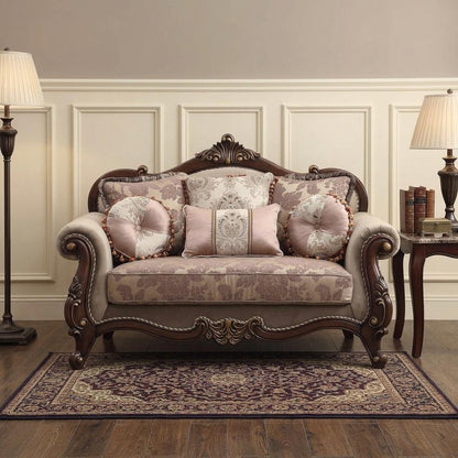 69" Beige and Gold And Brown Velvet Paisley Loveseat and Toss Pillows