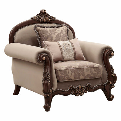 38" Beige And Brown Velvet Floral Arm Chair