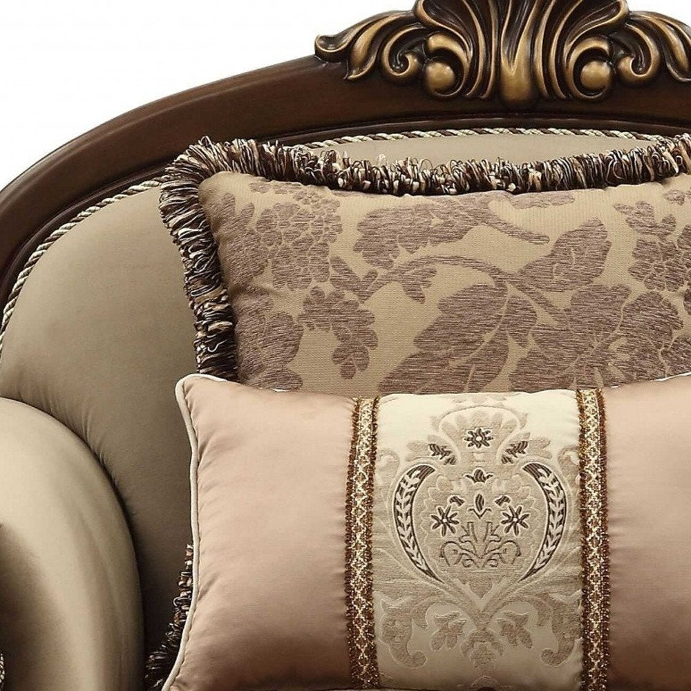 38" Beige and Brown Velvet Floral Arm Chair And Toss Pillows