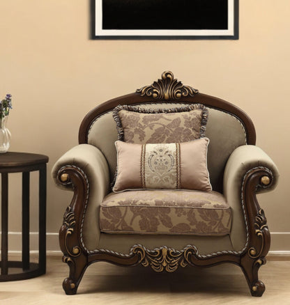 38" Beige And Brown Velvet Floral Arm Chair