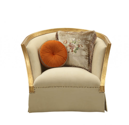 41" Tan and Gold Distressed Arm Chair and Toss Pillows