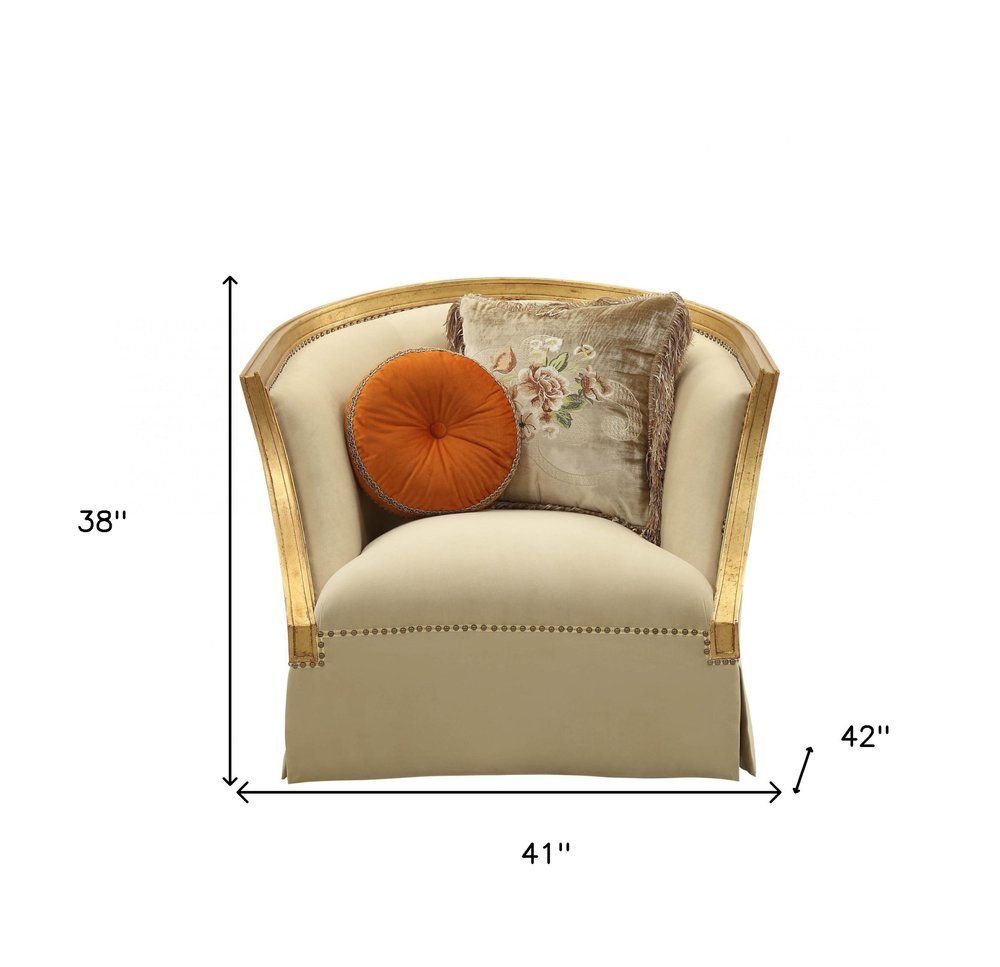 41" Tan and Gold Distressed Club Chair And Toss Pillows