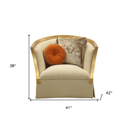 41" Tan and Gold Distressed Club Chair And Toss Pillows