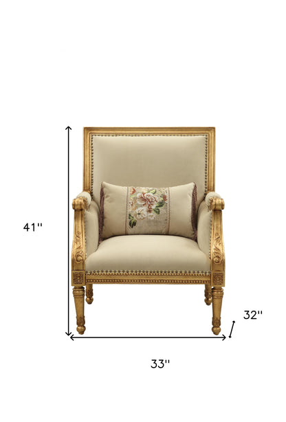 33" Beige And Gold Arm Chair And Toss Pillow