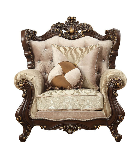 36" Beige and Brown Fabric Damask Tufted Arm Chair And Toss Pillows