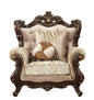 36" Beige and Brown Fabric Damask Tufted Arm Chair And Toss Pillows