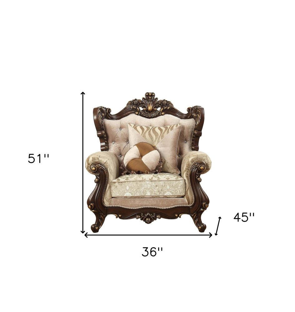 36" Beige and Brown Fabric Damask Tufted Arm Chair And Toss Pillows