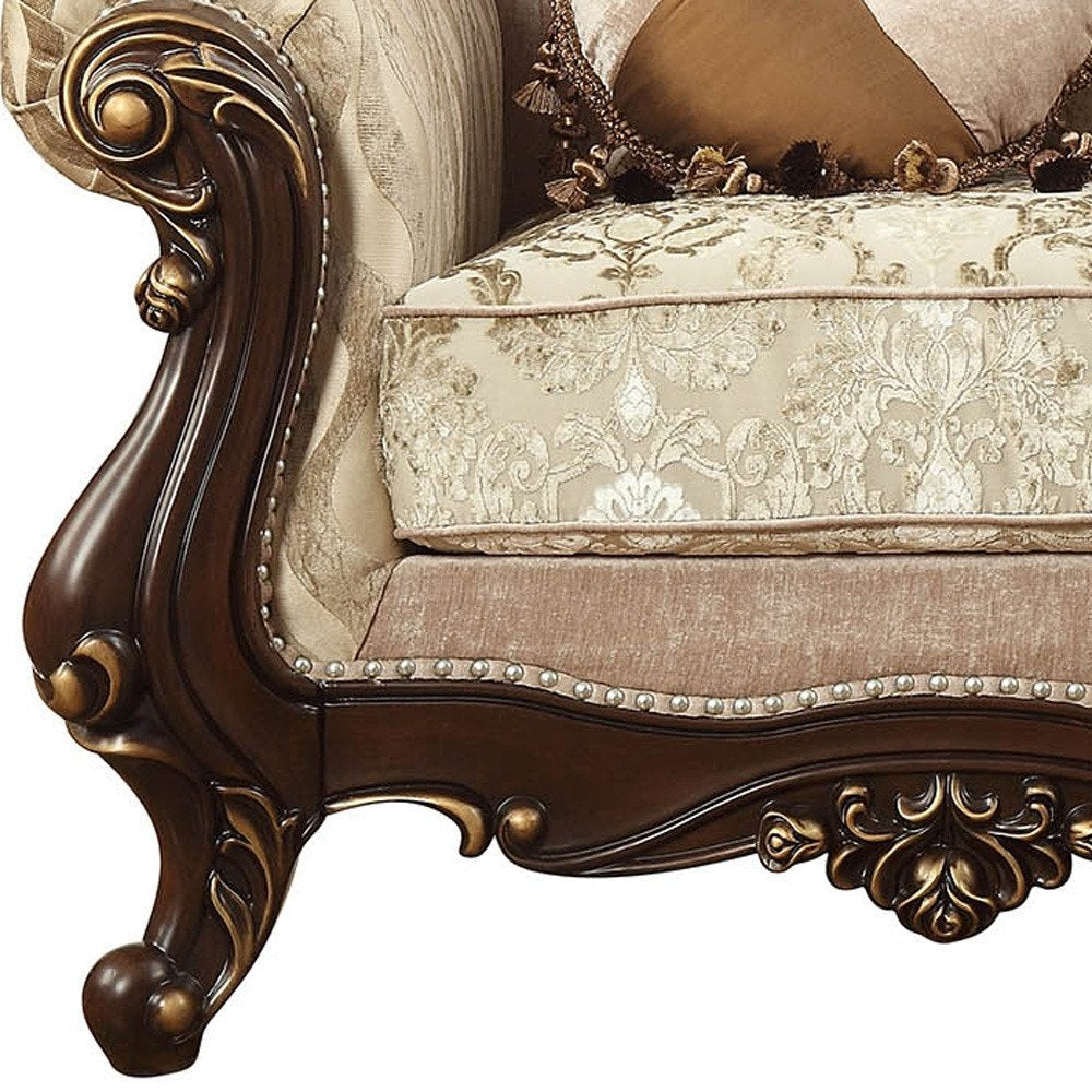 36" Beige and Brown Fabric Damask Tufted Arm Chair And Toss Pillows