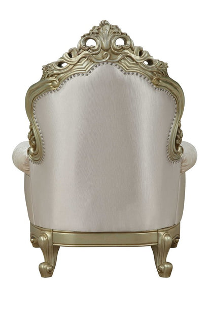 40" Cream and Antiqued White Fabric Damask Tufted Arm Chair And Toss Pillow