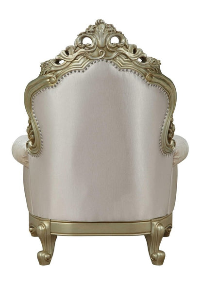40" Cream and Antiqued White Fabric Damask Tufted Arm Chair And Toss Pillow