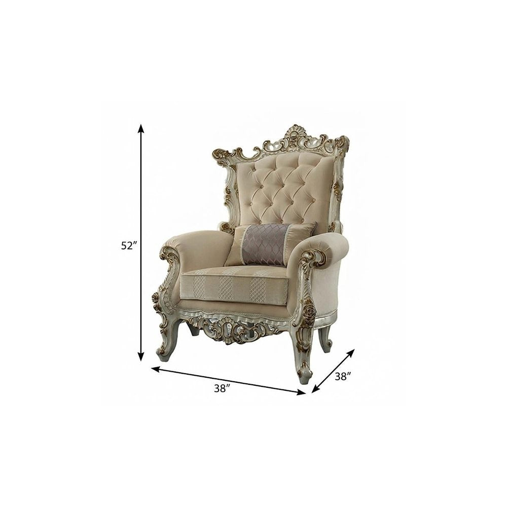 38" Pearl Fabric Striped Tufted Chesterfield Chair And Toss Pillow