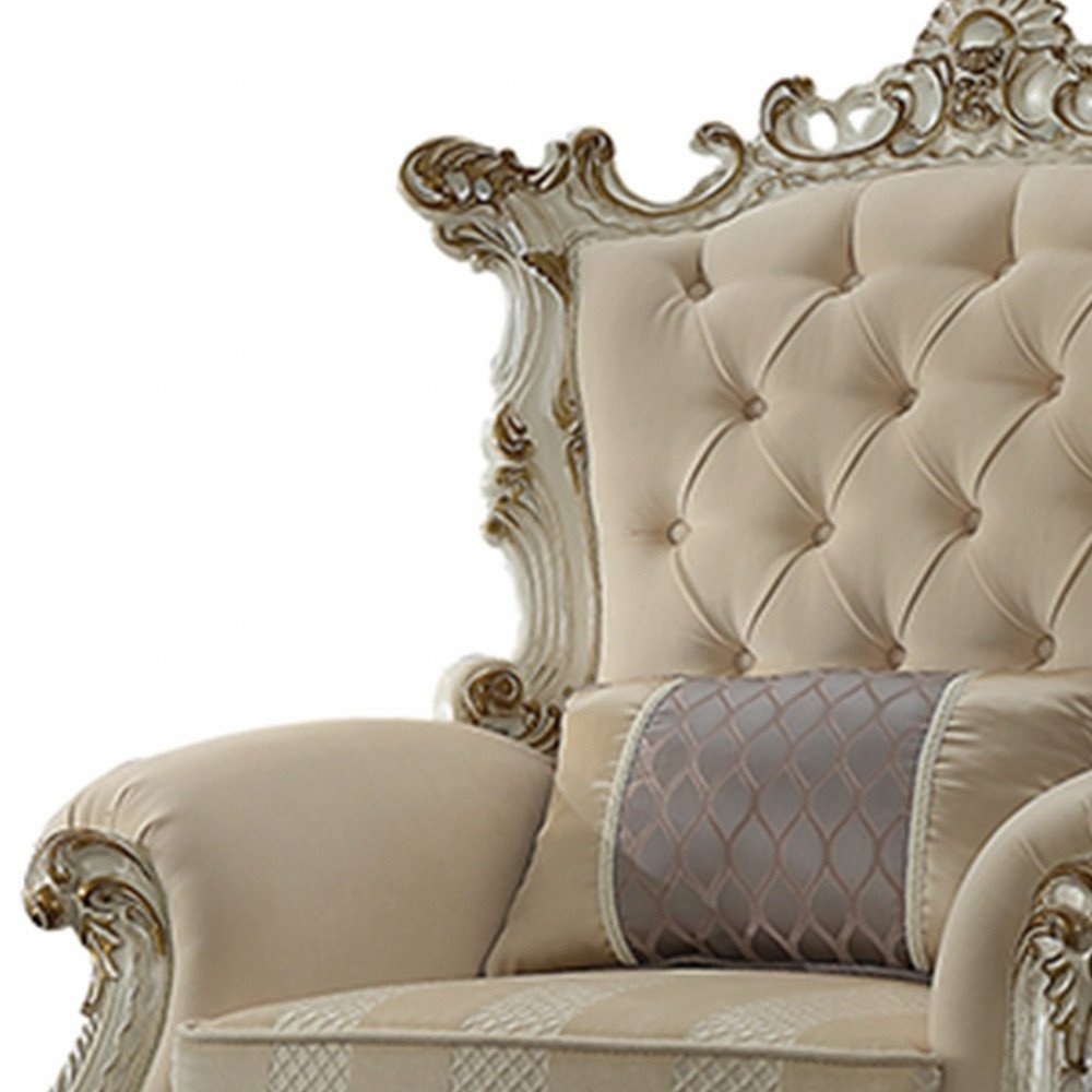 38" Pearl Fabric Striped Tufted Chesterfield Chair And Toss Pillow
