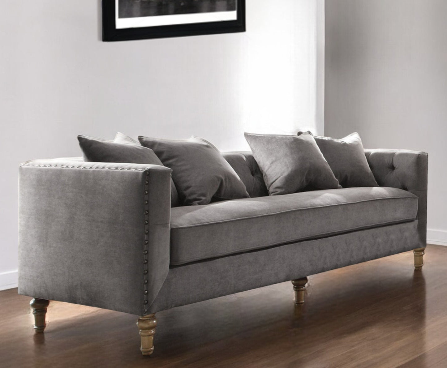 34" Gray Velvet Sofa And Toss Pillows With Brown Legs