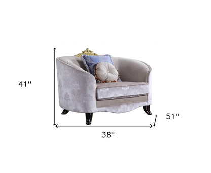38" Cream and Black Velvet Damask Barrel Chair And Toss Pillows