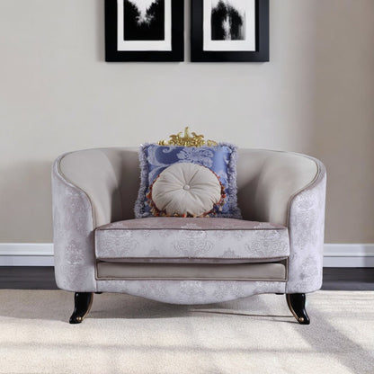 38" Cream and Black Velvet Damask Barrel Chair And Toss Pillows