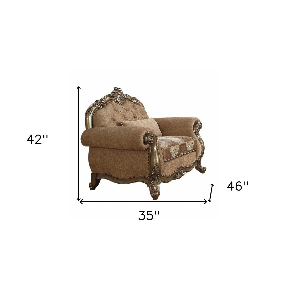 35" Gray and Antiqued White Fabric Floral Tufted Chesterfield Chair And Toss Pillow