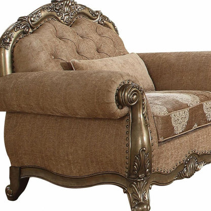 35" Gray and Antiqued White Fabric Floral Tufted Chesterfield Chair And Toss Pillow