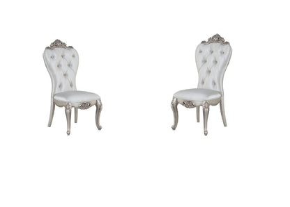Set of Two Cream and Antiqued White Upholstered Fabric Queen Anne Back Dining Side Chairs