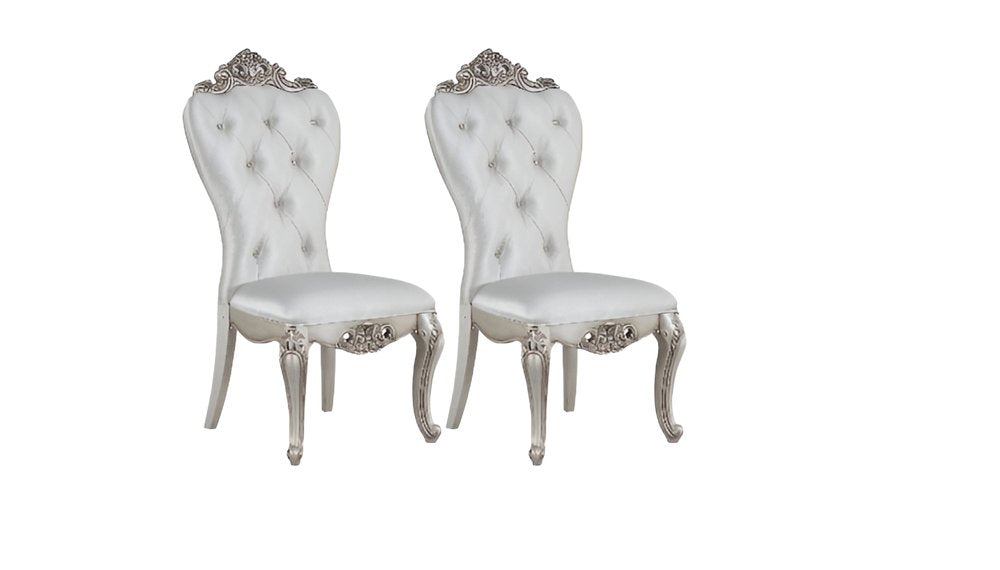 Set of Two Cream and Antiqued White Upholstered Fabric Queen Anne Back Dining Side Chairs