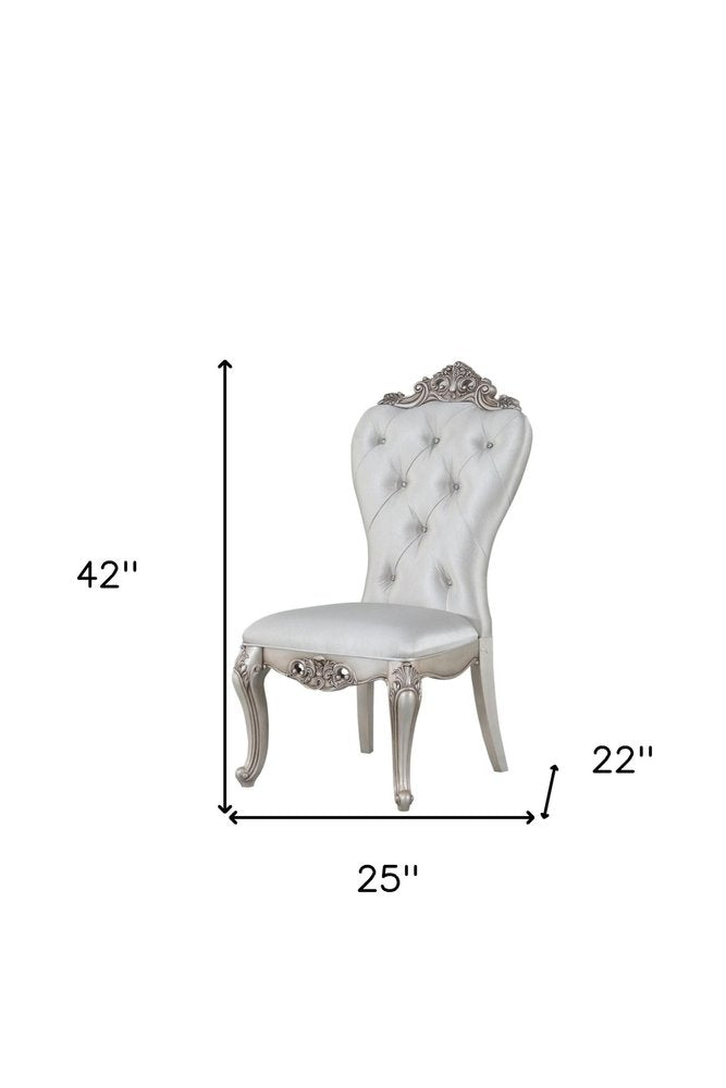 Set of Two Cream and Antiqued White Upholstered Fabric Queen Anne Back Dining Side Chairs