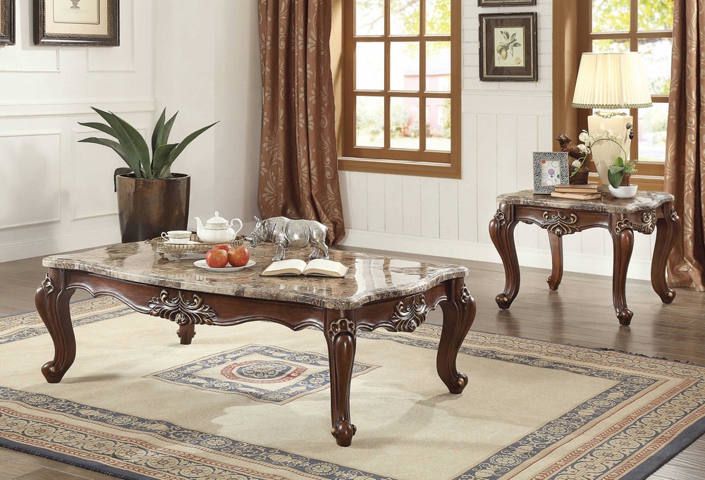 34" Brown and Dark Brown Faux Marble And Solid Wood Free Form Coffee Table