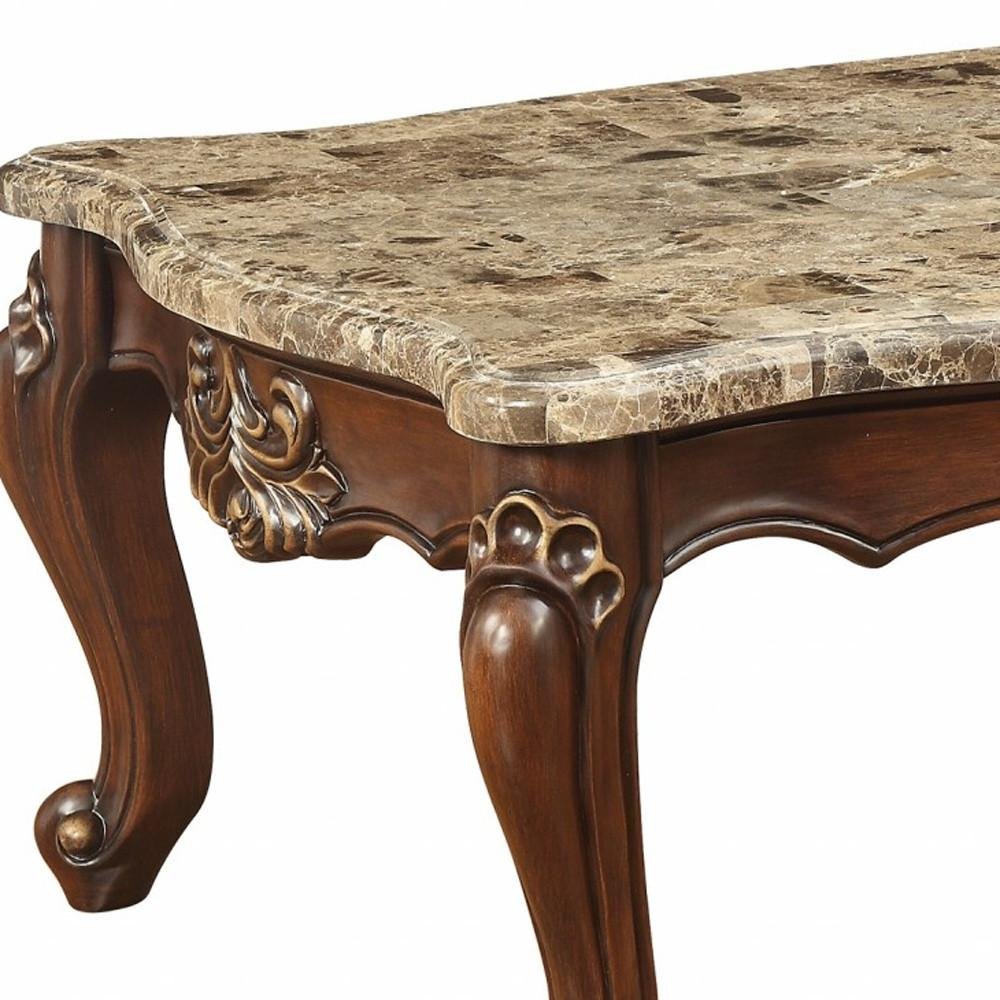 34" Brown and Dark Brown Faux Marble And Solid Wood Free Form Coffee Table