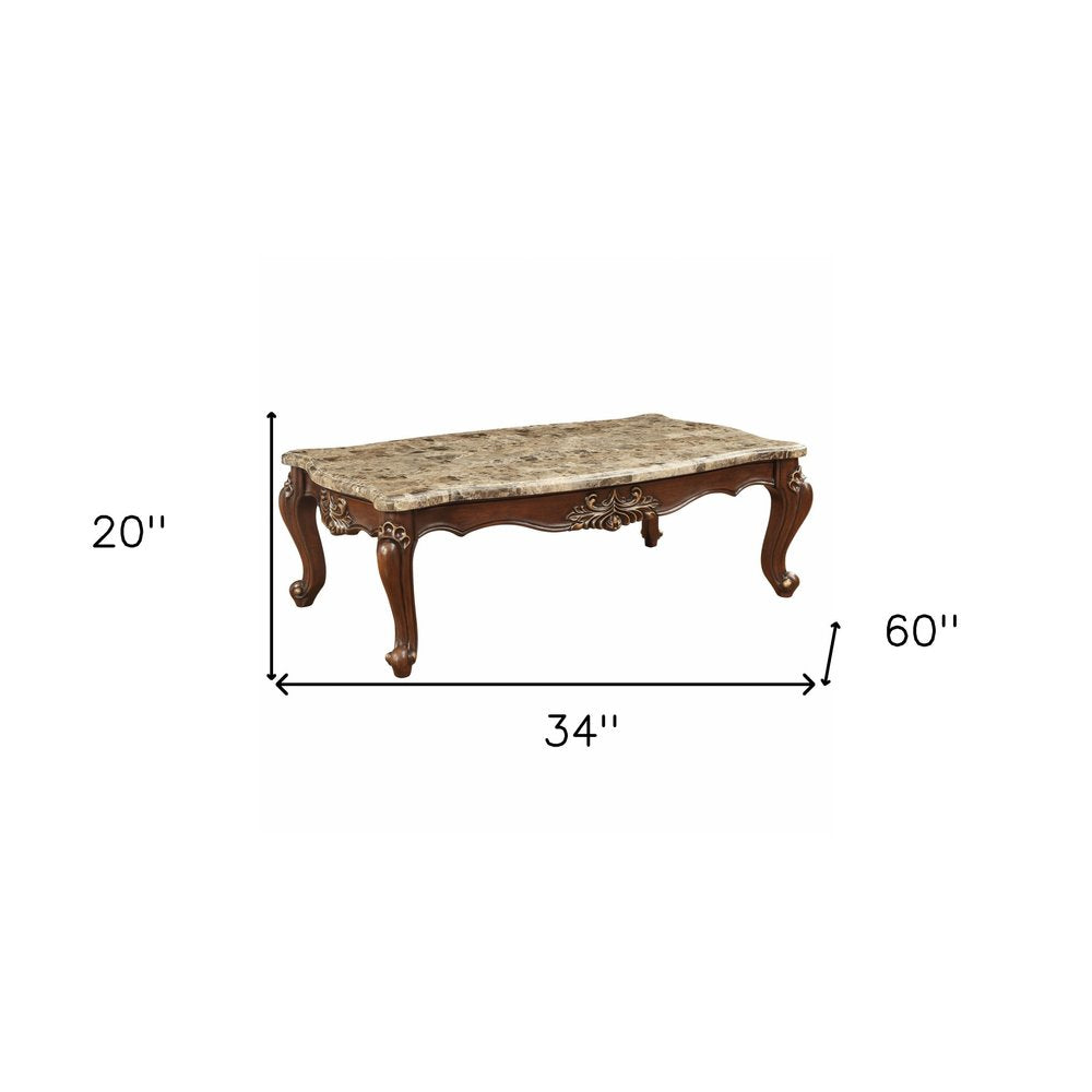 34" Brown and Dark Brown Faux Marble And Solid Wood Free Form Coffee Table