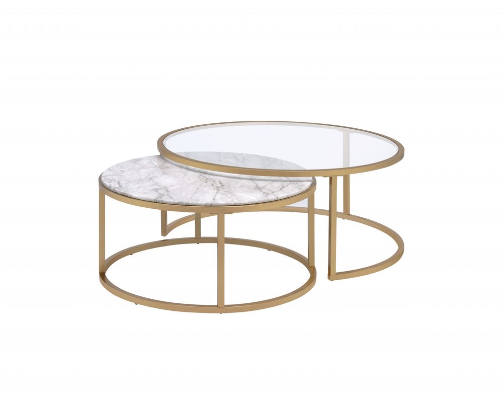 Set of Two Clear White and Gold Glass And Faux Marble And Iron Round Frame Nested Coffee Tables
