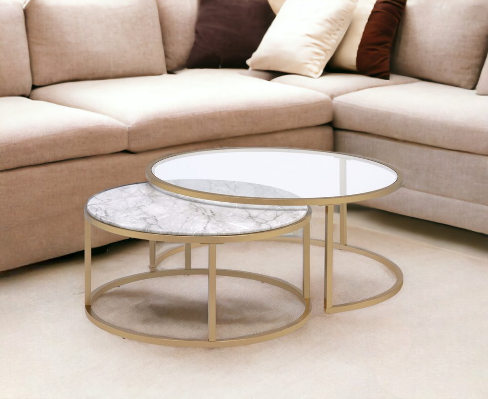 Set of Two Clear White and Gold Glass And Faux Marble And Iron Round Frame Nested Coffee Tables